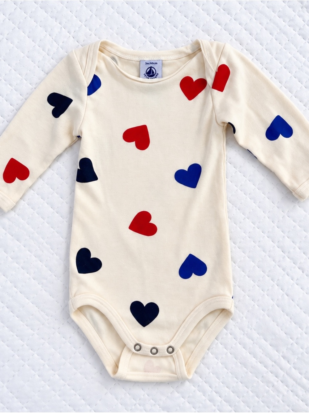 Petit Bateau Baby Long Sleeve Heart Bodysuit 3M 60cm Red Blue Hearts